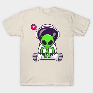 Cute Astronaut With Baby Alien Cartoon T-Shirt